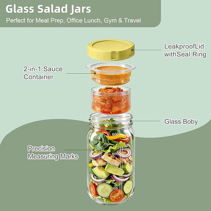 6 Pack Glass Salad Jars with Dressing Cups for Meal Prep, 32oz Leakproof Mason Jars Container with 2 Built-in Compartments for Wet/Dry Separation, Portable Salad Pod for Lunch (6)