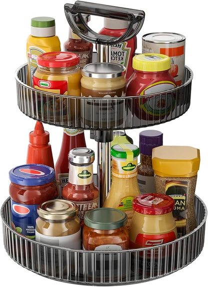 2-Tier Lazy Susan 360° Rotating Turntable Organizer Rack with Handles Height Adjustable, Spice Rack Holder Organizer for Cabinet, Pantry Organizers Bathroom Countertop Storage (Dark Gray)