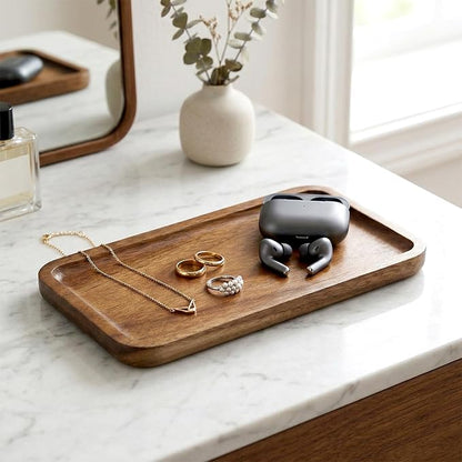 Wood Tray for Bathroom, Wood Soap Dispenser Tray, Toilet Tank Tray, Kitchen Tray, Comestic Holder Bathtub Organizer, Home Decor Ideal for Jewelry, Cosmetics, and Small Items (7.5 x 4 x 0.6 inch)