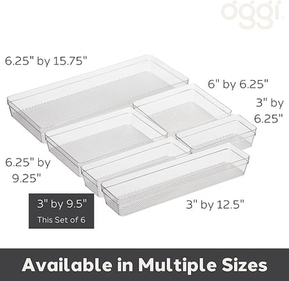 Oggi Clear Drawer Organizer - 3" X 9.5" (Set of 6) - Ideal for Organizing Kitchen Drawers, Office, Desk, Silverware, Kitchen Utensils, Cosmetics and Bathrooms