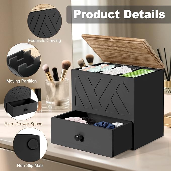 Tampon Holder for Bathroom, Feminine Product Organizer with Lid and Drawer, Wooden Shark Week Pad Storage, Tampon Organizer for Toilet Tank Countertop Decor, Girl Stuff Box Toilet Bathroom Accessories