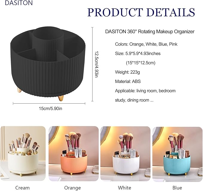 DASITON Large Capacity Makeup Brush Holder,360° Rotating Makeup Organizer,5 Slot Makeup Brushes Cup,for Vanity Decor,Bathroom Countertops,Desk Storage Container,Cosmetic Display cases(Black)