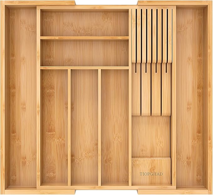 TIOPGHAD Bamboo-Silverware-Drawer-Organizer-Kitchen, Expandable Utensil Holder Cutlery Tray Flatware Organization Adjustable Wood Tableware Dividers Storage (with Removable Knife Block)(Natural)