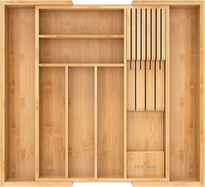 TIOPGHAD Bamboo-Silverware-Drawer-Organizer-Kitchen, Expandable Utensil Holder Cutlery Tray Flatware Organization Adjustable Wood Tableware Dividers Storage (with Removable Knife Block)(Natural)