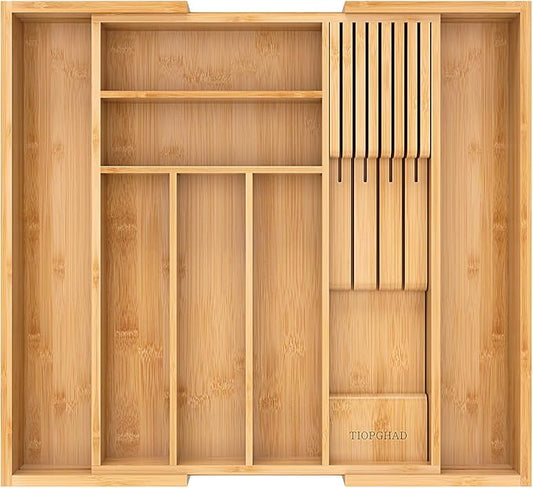 TIOPGHAD Bamboo-Silverware-Drawer-Organizer-Kitchen, Expandable Utensil Holder Cutlery Tray Flatware Organization Adjustable Wood Tableware Dividers Storage (with Removable Knife Block)(Natural)
