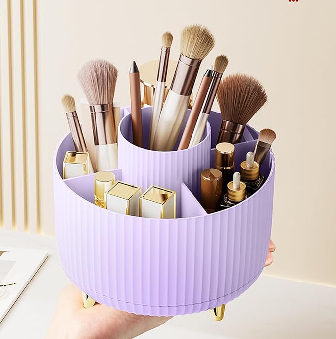 360 Degree Rotating Makeup Brush Holder Organizer Detachable Design 5 Slot Make up Brushes Cup for Cosmetics and Pencil Pen Organizer for Desk Makeup Organizer Skincare Storage for Vanity（Purple）