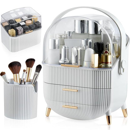 CANITORON Makeup Organizer,Skincare Organizer with 2 Drawers and Brush Storage Box,Lipstick Holder,Cosmetic Display Case for Vanity Organizer and Bathroom Countertop Storage.(White)