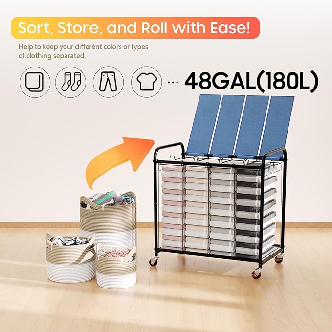 Laundry Sorter 4 Sections 48 Gal, Rolling Laundry Basket with Lockable Wheels and Lid, Laundry Hamper with 4 Separated Removable Bags Dirty Clothes Hamper for Laundry Room Organizer, Blue