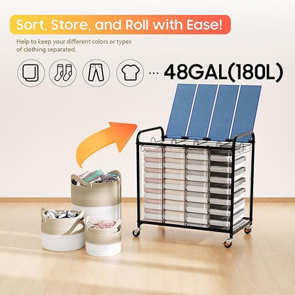 Laundry Sorter 4 Sections 48 Gal, Rolling Laundry Basket with Lockable Wheels and Lid, Laundry Hamper with 4 Separated Removable Bags Dirty Clothes Hamper for Laundry Room Organizer, Blue