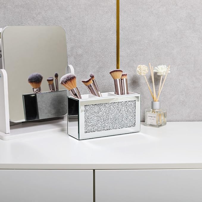 Silver Makeup Brush Holder Organizer, Bling 3 Slot Crushed Diamond Crystal Mirrored Cosmetic Brushes Storage, Eyeliners Eyebrow Pencil Display Case