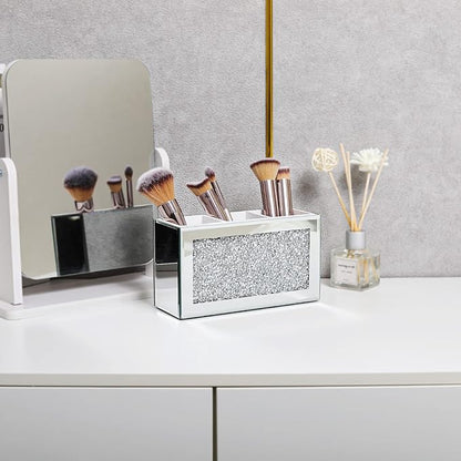 Silver Makeup Brush Holder Organizer, Bling 3 Slot Crushed Diamond Crystal Mirrored Cosmetic Brushes Storage, Eyeliners Eyebrow Pencil Display Case