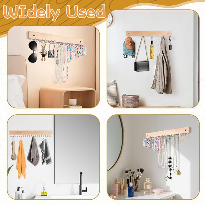 4 Pack Necklace Holder Wall Mount, Wooden Hanging Jewelry Organizer with 80 Hooks Total, Space Saving Necklace Holder for Wall, Necklace Wall Hanger for Necklaces, Bracelets, Pendant