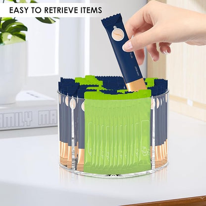 Drink Packet Organizer - Rotating Lazy Susan Organizer, Clear Drinks Mix Packet Holder with 4 Compartments, Water Packet Storage for Counter Top Drink (1PC)