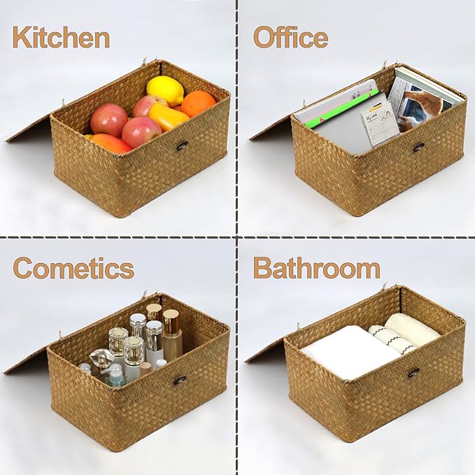 Wicker Storage Basket with Lid, Natural Seagrass Woven Shelf Basket for Storage, Rectangular Decorative Storage Bins Boxes Home Organizer Decor (Natural, Medium)