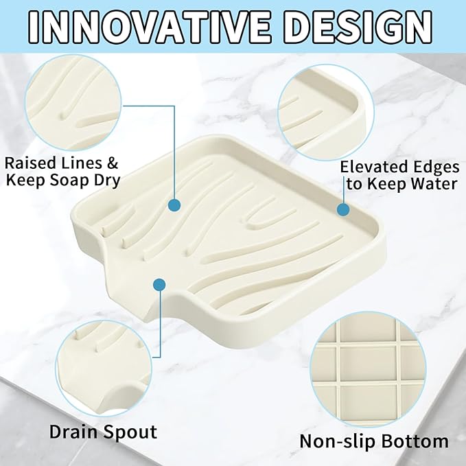 2 Pack Silicone Soap Dish with Drain, Self Draining Bar Soap Holder for Shower, Silicone Dish Soap Tray, Bathroom and Kitchen Sink Organizer, Beige