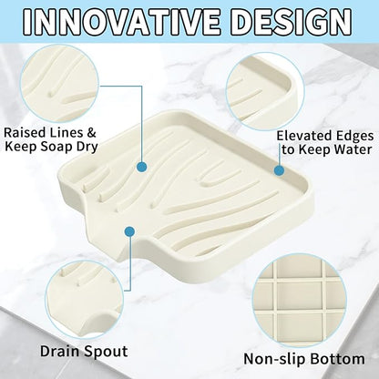 2 Pack Silicone Soap Dish with Drain, Self Draining Bar Soap Holder for Shower, Silicone Dish Soap Tray, Bathroom and Kitchen Sink Organizer, Beige