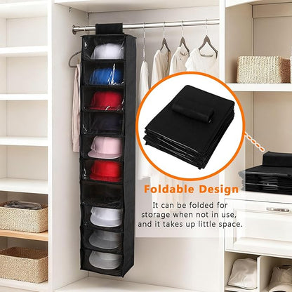 Cap Organizer, 10-Shelf Hanging Closet Hat Rack, with Dust Shield, Non-Woven Fabric Caps Holder for Hats, Baseball Cap, Shoes, & Accessories Storage