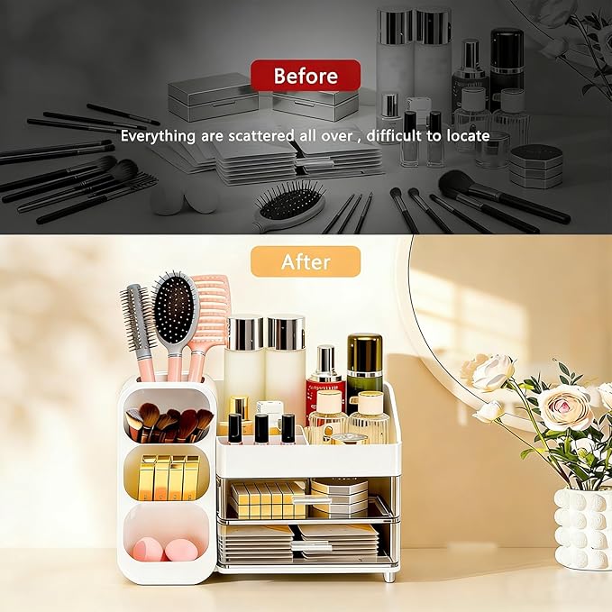 Makeup Organizer Countertop, Spacious Cosmetic Display Case with Makeup Brush Holder, Perfect Vanity Bathroom Organizer and Storage, White
