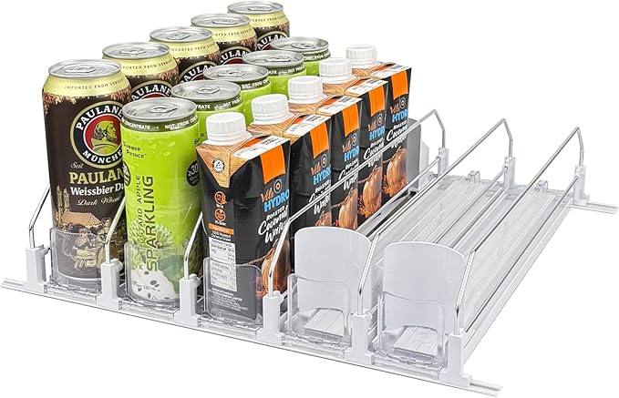 Drink Organizer for Fridge, Self Pushing Soda Can Dispenser for Refrigerator, Automatic Beverage Pusher Glide Beer Water Bottle Holder -5 Rows, White