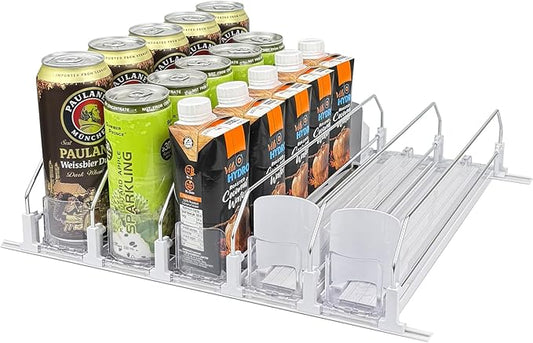 Drink Organizer for Fridge, Self Pushing Soda Can Dispenser for Refrigerator, Automatic Beverage Pusher Glide Beer Water Bottle Holder -5 Rows, White