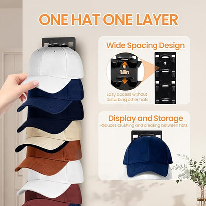 2 Pack Black Hat Organizer - Hat Rack for Wall & Cap Organizer, Strong Adhesive Multilayer Storage Holder, Wall Mounted Hooks Hold 18 Hats, Easy to Install for Bedroom & Closet Door