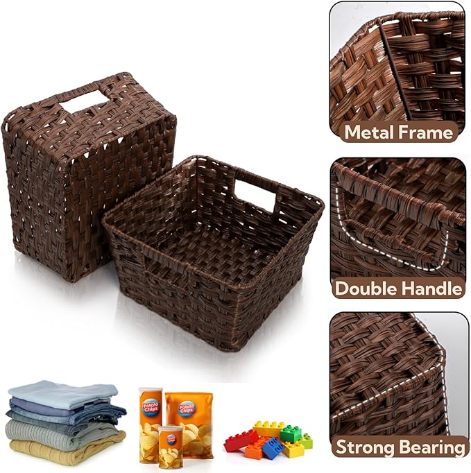 2 Pack Woven Storage Baskets, Large Poly Wicker Organizer Bins for Shelves, Plastic Waterproof Organizing Cube Container, Storage Boxes with Handle for Closet Pantry,12" x 12" x 6"