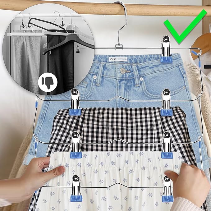 Skirt Pants Hangers with Clips,6Tier Skirt Hangers Space Saving,Metal Multi Pants Hangers and Storage Multi Clothes Shorts Hanger Organization,Space Saving Hangers with Clips (Blue, 4-Piece Set)