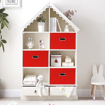 STOREONE Fabric Storage Cube Bins Foldable Organizer Container Collapsible Basket with Lids and Metal Handles, for Home, Bedroom, Closet 8 Pcs (Red)