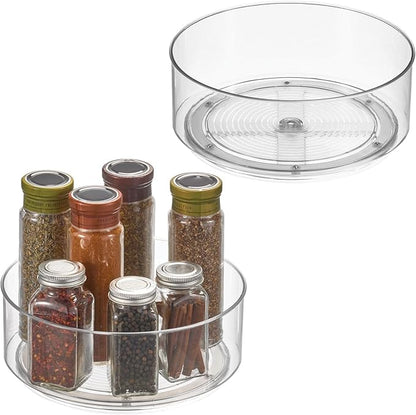mDesign Lazy Susan Turntable Plastic Spinner for Kitchen/Bathroom, Pantry, Fridge, Cupboards, or Counter Organizing, Fully Rotating Organizer for Food, 9" Round - Lumiere Collection - 2 Pack, Clear