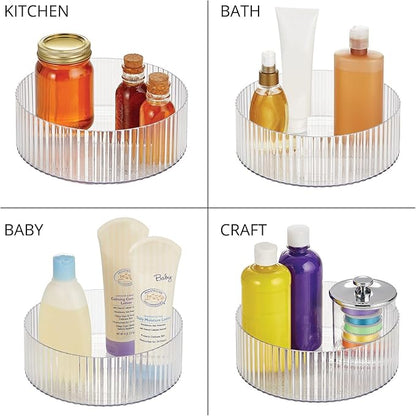 mDesign Fluted Lazy Susan Turntable Plastic Spinner for Kitchen and Bathroom Cabinet, Cupboard, Countertop Organizing, Rotating Organizer for Condiments, Jewelry, Accessories, 9" Round - 2 Pack, Clear