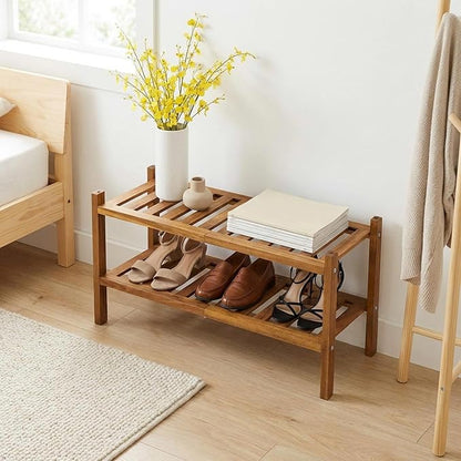 VICTORY RELAX Natural Acacia Wood 2-Tier Folding Shoe Rack – Space-Saving Wooden Shoe Organizer Shelf for Entryway, Hallway, Mudroom, or Closet – Compact Indoor Storage for Footwear & More