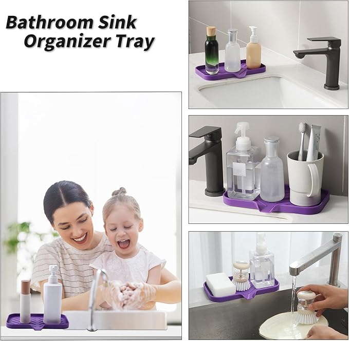 MicoYang Silicone Bathroom Soap Dishes with Drain Spout-Bathroom and Kitchen Sink Organizer,Sponge Holder,Dish Soap Tray,Perfect for Dispenser,Scrubber,Bottle,Cup on Sink or Counter-Purple 9.6"×5.3"