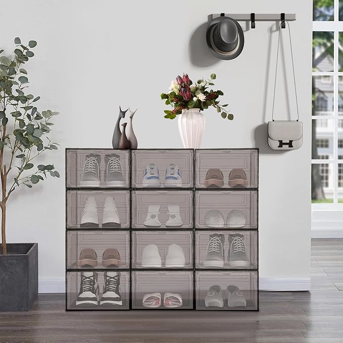 12pcs Acrylic Shoe Box, Shoe Container Stackable Shoe Organizer Acrylic Display Case Sneaker Storage Sturdy Magnet for Entryway, Closets, Bedrooms, Bathrooms