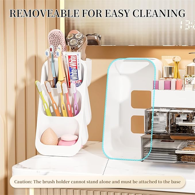 Makeup Organizer with Drawers for Vanity Bathroom Counter Organizers and Storage, Large Skincare Organizer with Brush Toothbrush Holder for Perfume, Nail Polish, Dresser, Office Supplies, White