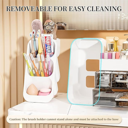 Makeup Organizer with Drawers for Vanity Bathroom Counter Organizers and Storage, Large Skincare Organizer with Brush Toothbrush Holder for Perfume, Nail Polish, Dresser, Office Supplies, White