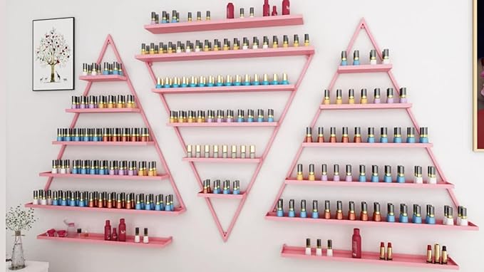 Elegant Gold Wall Mounted Nail Polish Rack - Set of 6 Triangular Cosmetic Display Shelves for Essential Oil Bottles, Organize Your Lipsticks and Perfumes in Style at Home or Salon (Pink)