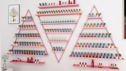 Elegant Gold Wall Mounted Nail Polish Rack - Set of 6 Triangular Cosmetic Display Shelves for Essential Oil Bottles, Organize Your Lipsticks and Perfumes in Style at Home or Salon (Pink)