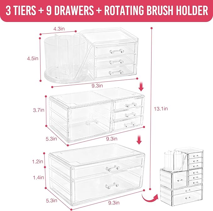ShineMe Clear Makeup Organizer with 9 Drawers, 3 Tier Stackable Makeup Storage Organizer with Rotating Brush Holder, Acrylic Countertop Makeup Organizer for Vanity Skincare Jewelry Hair Accessories