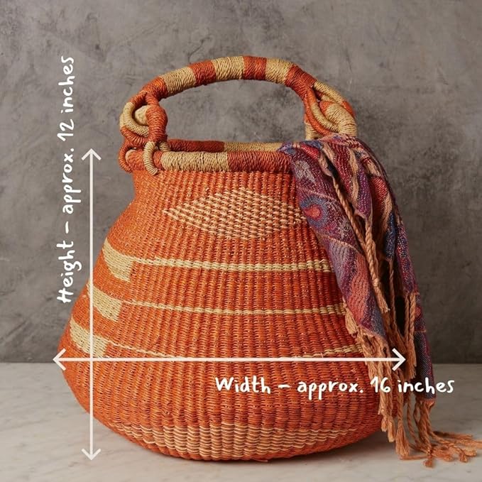 Orange Bolga African Basket for Boho Decor, 16 Inch Wide