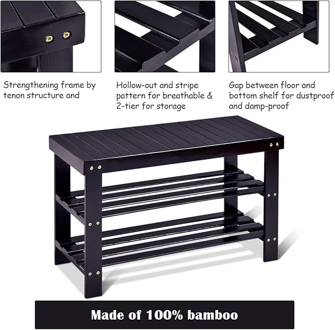 GOFLAME Shoe Bench Rack, 2-Tier Bamboo Seat Storage Shelf, Free Standing Shoe Storage Bench with Stylish and Modern Design, Shoe Organizer for Décor Entryway, Hallway, Living Room, Bathroom (Black)