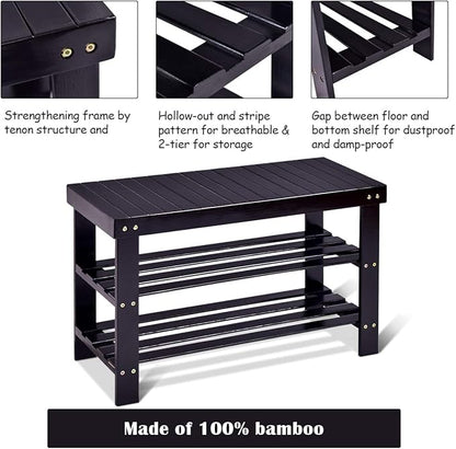 GOFLAME Shoe Bench Rack, 2-Tier Bamboo Seat Storage Shelf, Free Standing Shoe Storage Bench with Stylish and Modern Design, Shoe Organizer for Décor Entryway, Hallway, Living Room, Bathroom (Black)