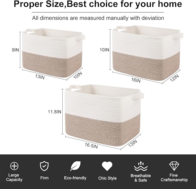 OIAHOMY Woven Storage Basket for Shelves, Rectangle Cotton Rope Baskets for Organizing, 16.5 x 13 x 11.8 in, Storage Bins for Dog Toys,Towel,Books,Gift,Brown and White