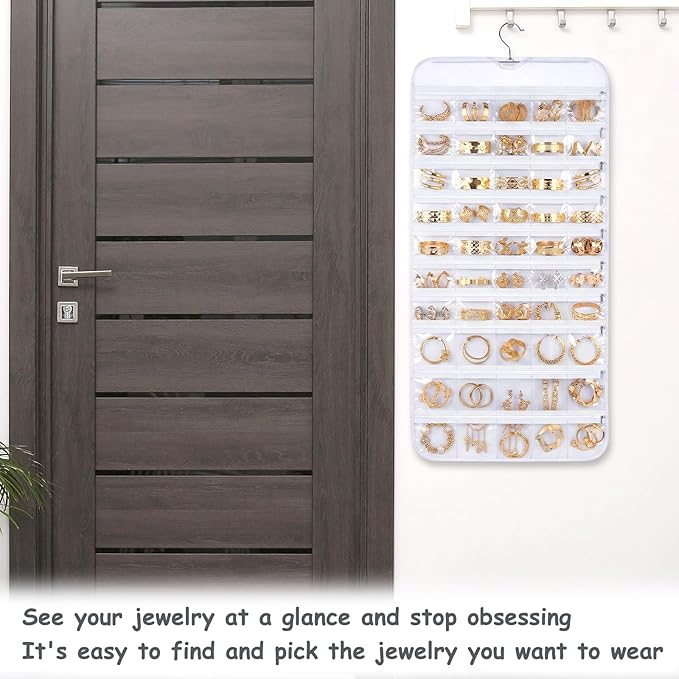 2 Pack Hanging Jewelry Organizer 80 Zippered Pockets 80-Pocket Dual-sided Jewelry Storage for Necklace Bracelet Earring RingsTravel Holder - White