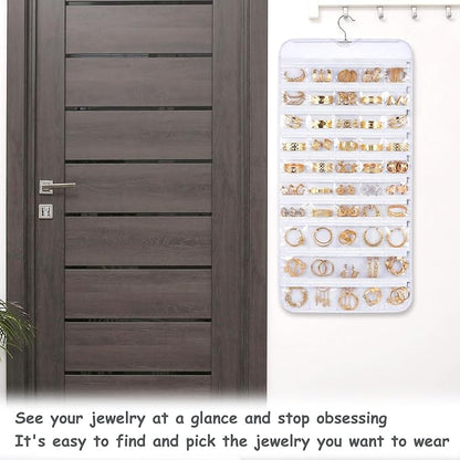 2 Pack Hanging Jewelry Organizer 80 Zippered Pockets 80-Pocket Dual-sided Jewelry Storage for Necklace Bracelet Earring RingsTravel Holder - White