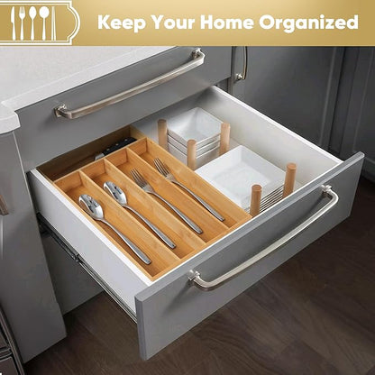 Silverware Organizer, 10 Inch Utensil Organizer Kitchen Drawer Organizer Bamboo Silverware Holder Cutlery Tray Organizer in Drawer Flatware Organizer Tray(5 slots, Natural