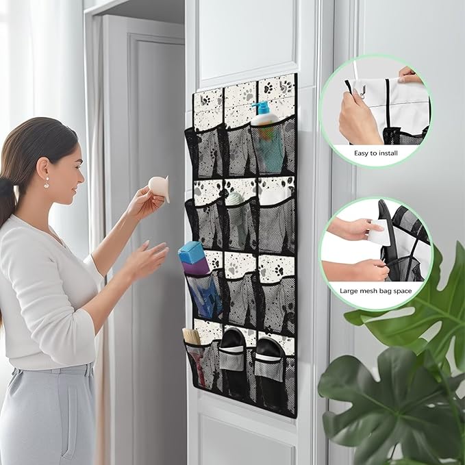 Dog Paw Over the Door Shoe Organizer 12 Large Mesh Pockets Shoe Rack for Door Sturdy Oxford Hanger Storage Holder for Dorm Bedroom