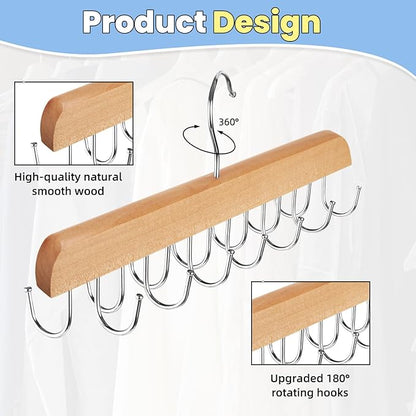 Hat Hangers for Closet, 2 Pack Hat Organizer for Baseball Caps with 14 Hooks Space Saving Hat Racks Ball Caps Hat Holder Organizer Tie Belt Hanger for Closet Storage Solution (Wood)