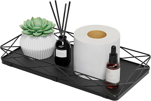 Lixple Toilet Paper Basket Holder, 13" Toilet Tank Tray, Wood and Metal Toilet Tray Vanity Organizer Bathroom Tray, Kitchen Sink Organizer for Soap Dispenser (Black)