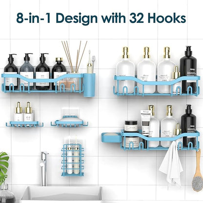 NESOMI Shower Caddy Adhesive Shower Organizer 8-Pack, Rustproof Stainless Steel Bathroom Shelves, Large Capacity No-Drill Rack Storage Accessories with Soap Dish Toothbrush Holder Hooks
