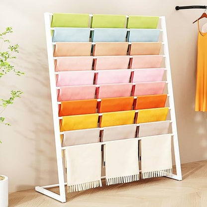 Multi Purpose Silk Scarf Display Stand, Large Capacity Hijab Rack, Floor Standing Pants Storage Organizer, Space Saving, for Home/Cloakroom/Retail Stores,White,60x40x145cm